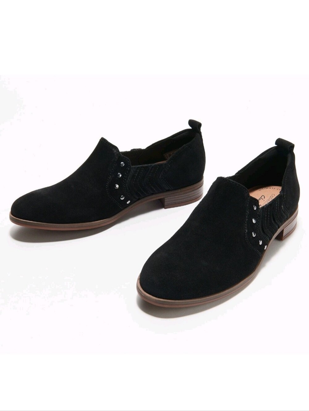 Clarks Collection Black Suede Trish Bell Studded Slip On Booties Size 9 WIDE